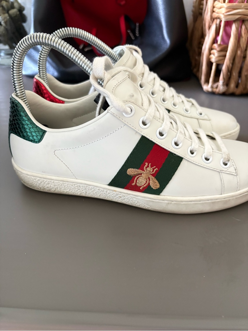 Gucci White Leather Sneaker with Green & Red Stripe and Gold Bee
